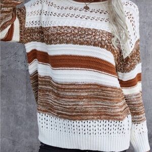 Women's Striped Knit Sweater - Brown and White